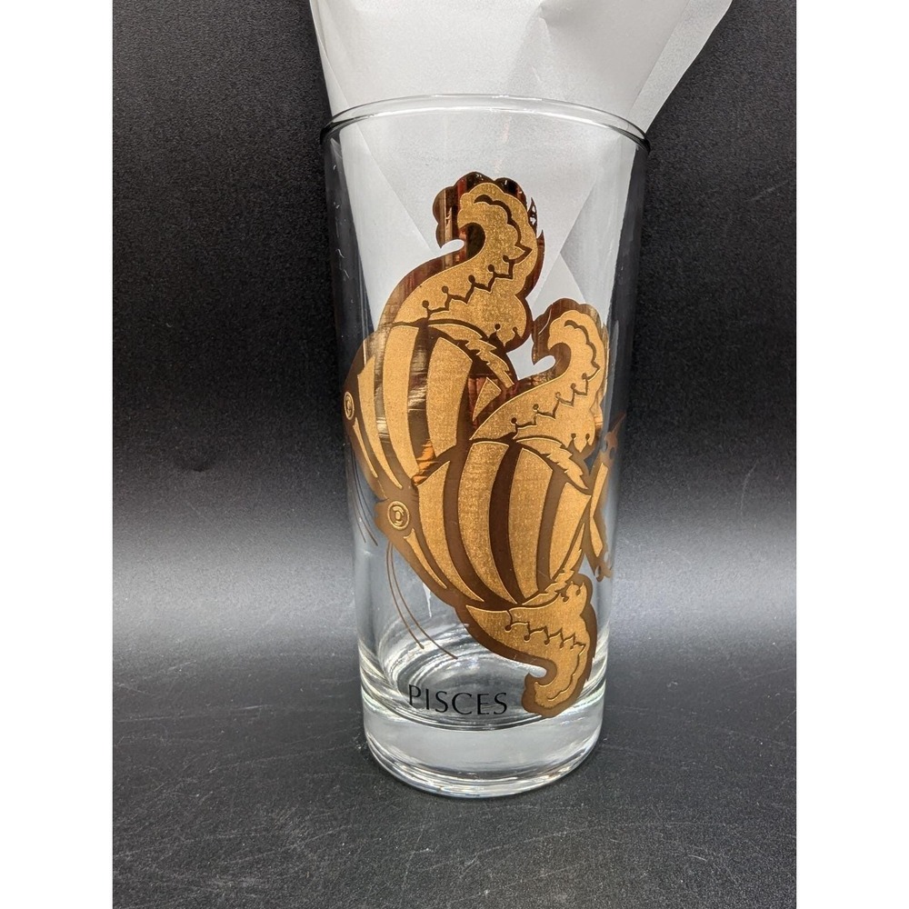 VTG Rare 22K Gold & Black Zodiac Pisces 5.5" Highball Tumbler Glass Barware